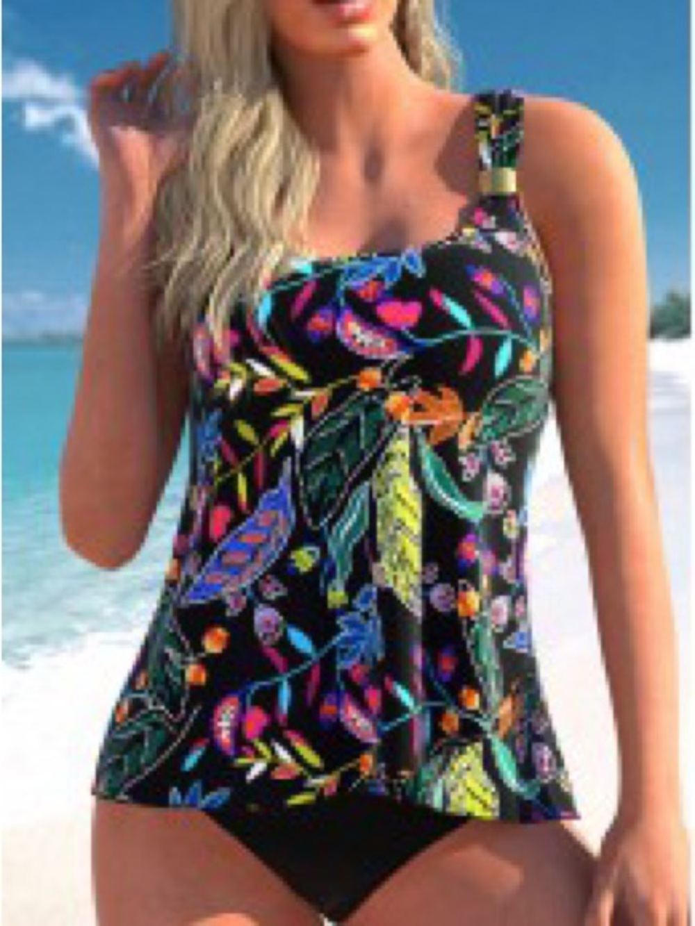 Black Floral Print Women’s Tankini Top & Skirt Bottom